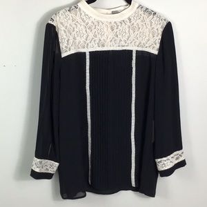 NWT Sheer Black shirt with front pleating and cream lace details gold buttons